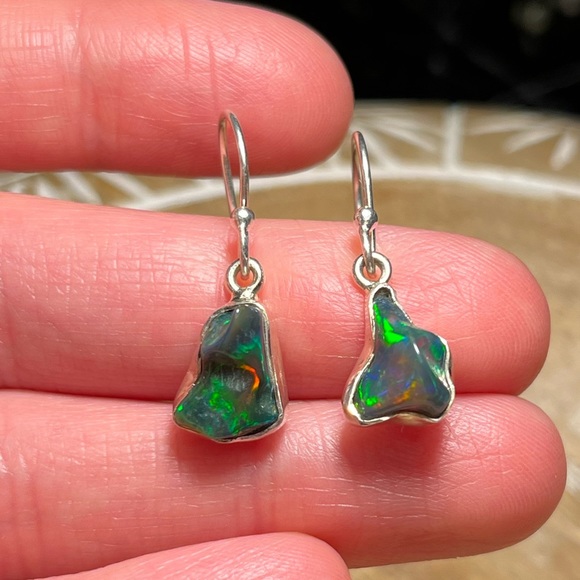 Black Ethiopian Opal Raw Form 925 Sterling Silver Earrings - Picture 11 of 11